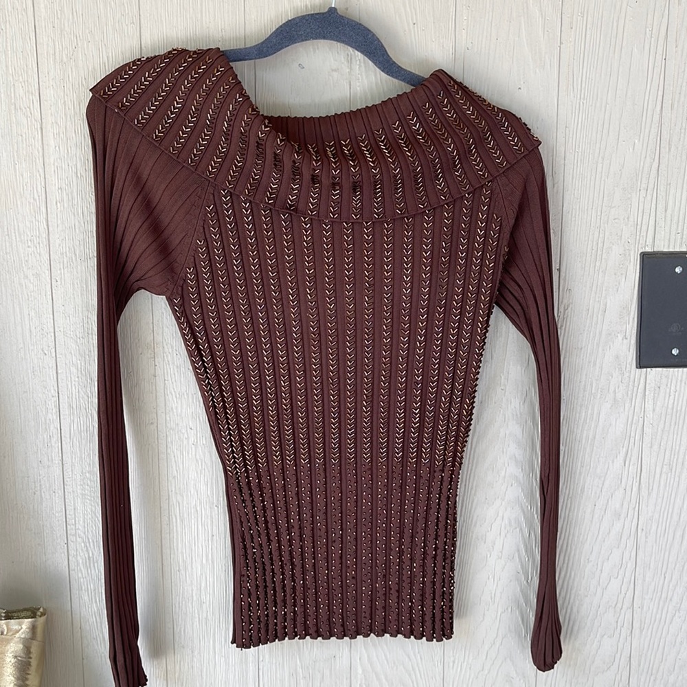 Rhinestone cowl neck long sleeve